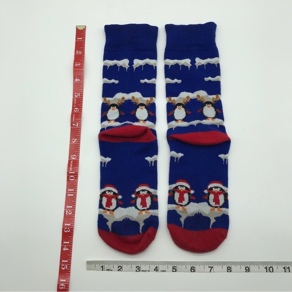 Blue Christmas Penguin Crew Socks Unisex Santa Hat Snow Winter Patterned Cute - Picture 6 of 8